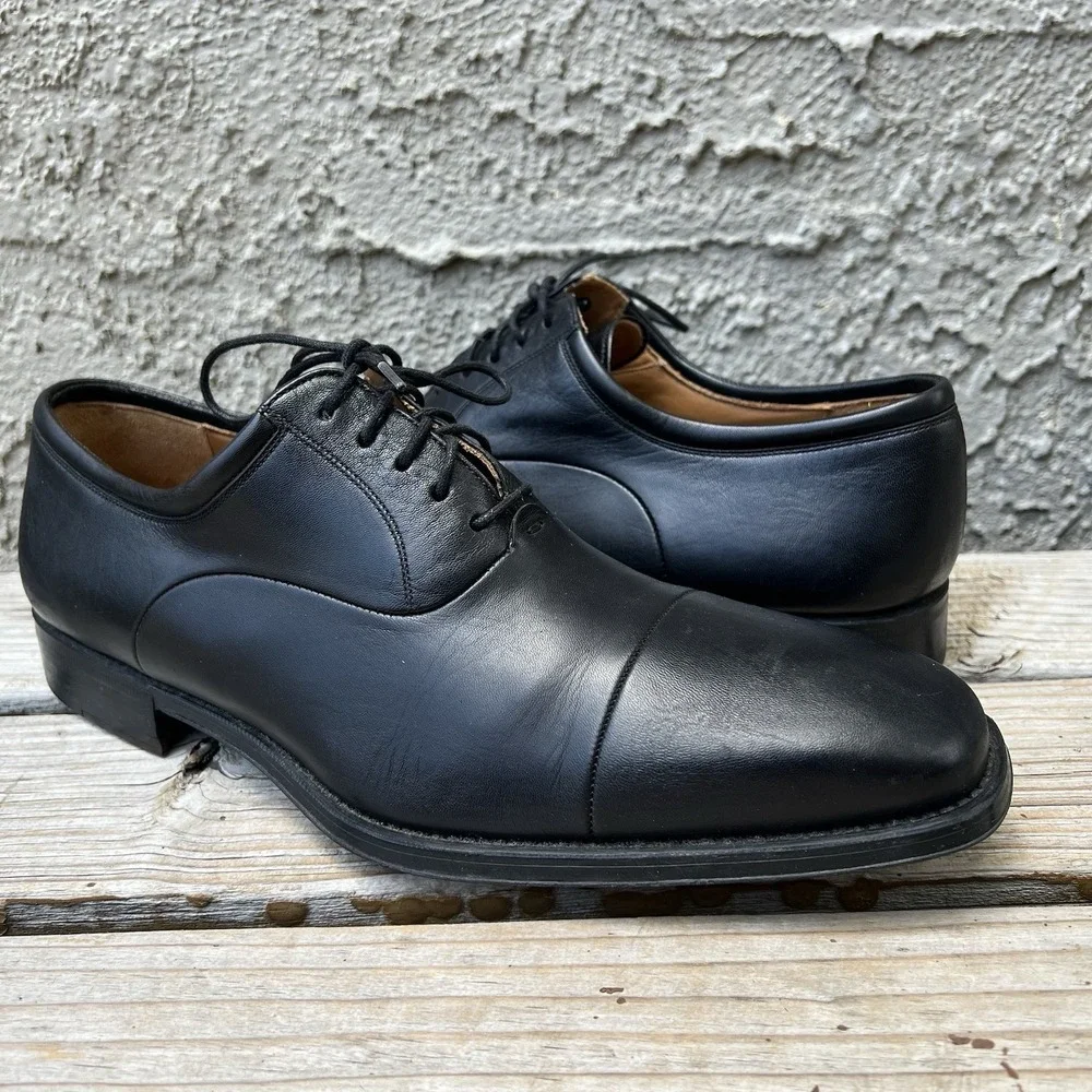 Magnanni Shoes Men Size 8 Black Leather Plain Toe Oxford Derby